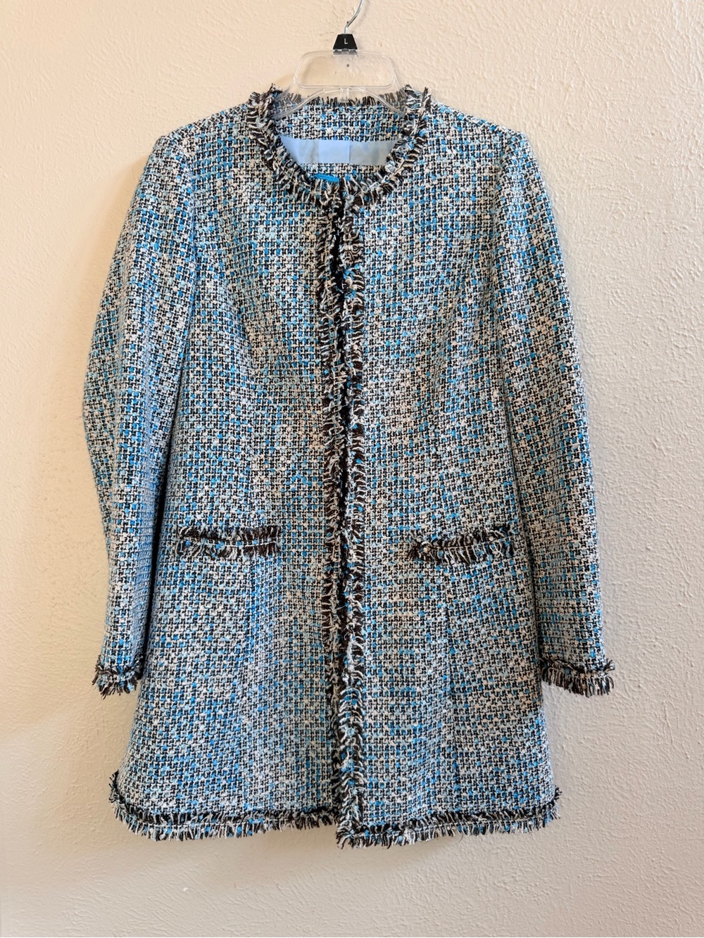 Tyler Boe turquoise tweed fringe long jacket